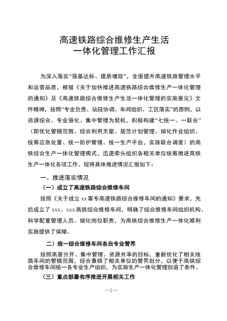 高速铁路综合维修生产生活一体化管理工作汇报