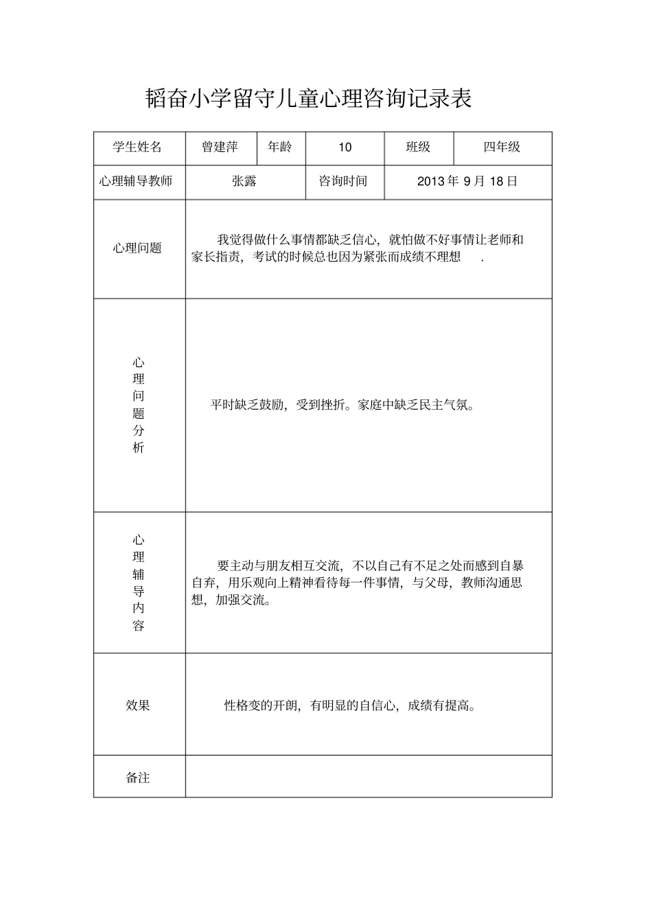 韬奋小学留守儿童心理咨询记录表讲解_第2页