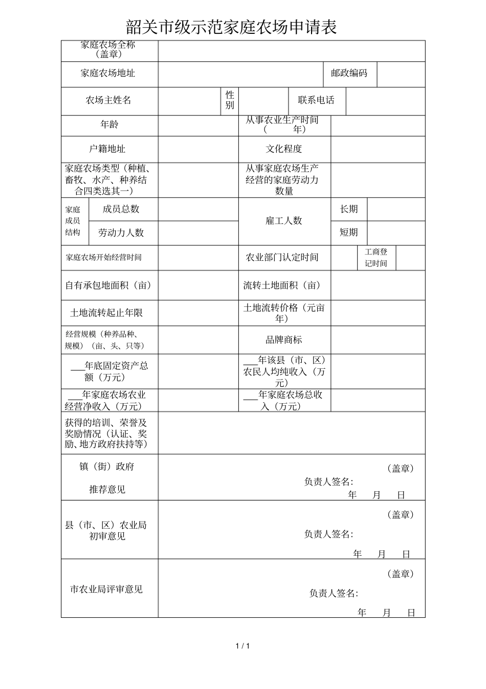 韶关级示范家庭农场申请表_第1页