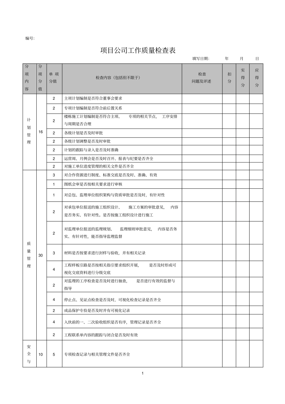 项目公司工作质量检查表1_第1页