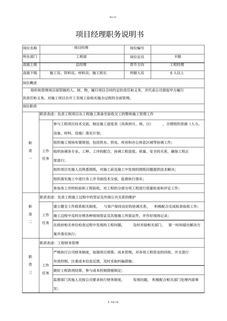 项目经理职务说明书_第1页