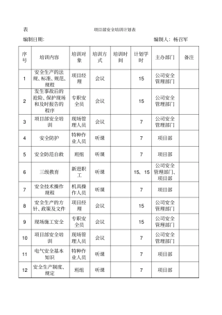 项目部安全培训计划表内容