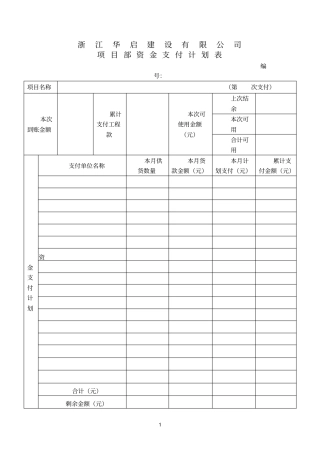 项目部资金支付计划表