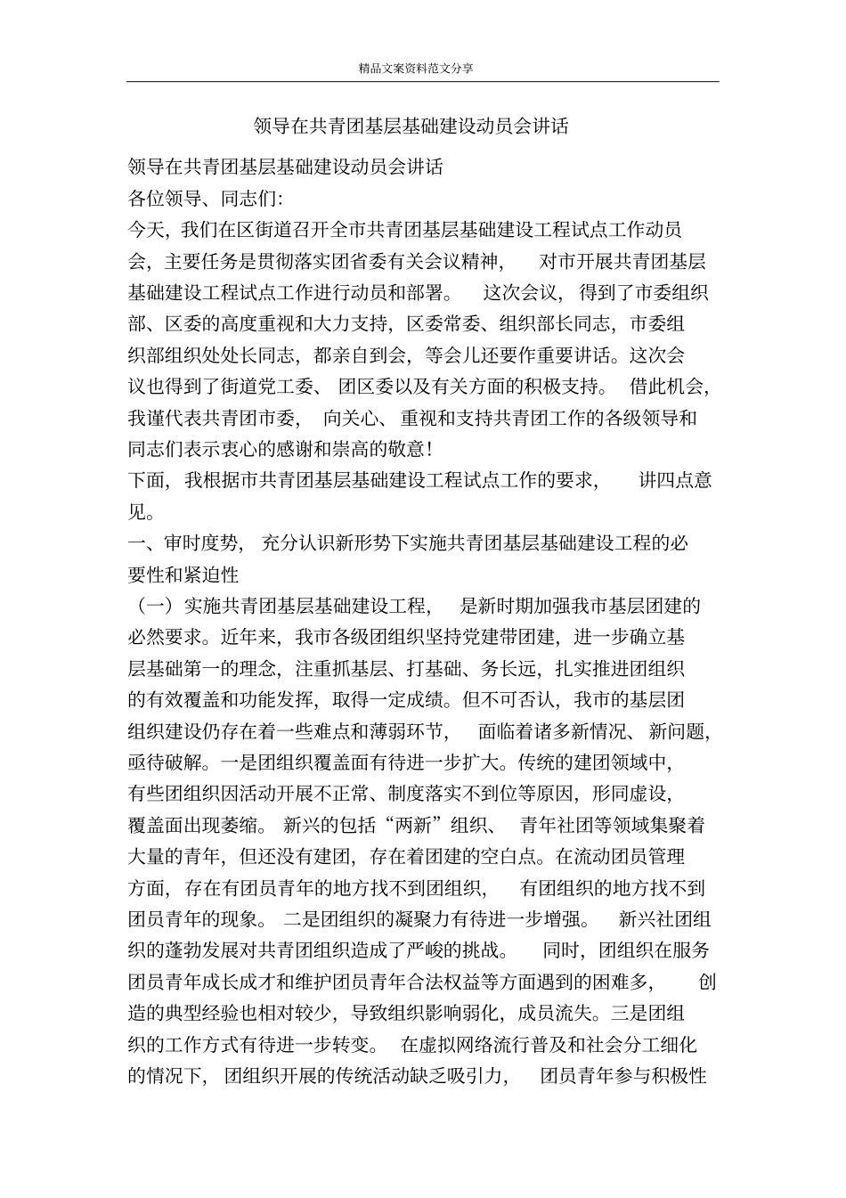 领导在共青团基层基础建设动员会讲话-精品文案范文_第1页