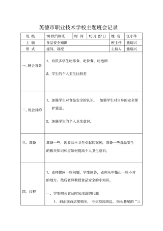食品安全知识主题班会记录表