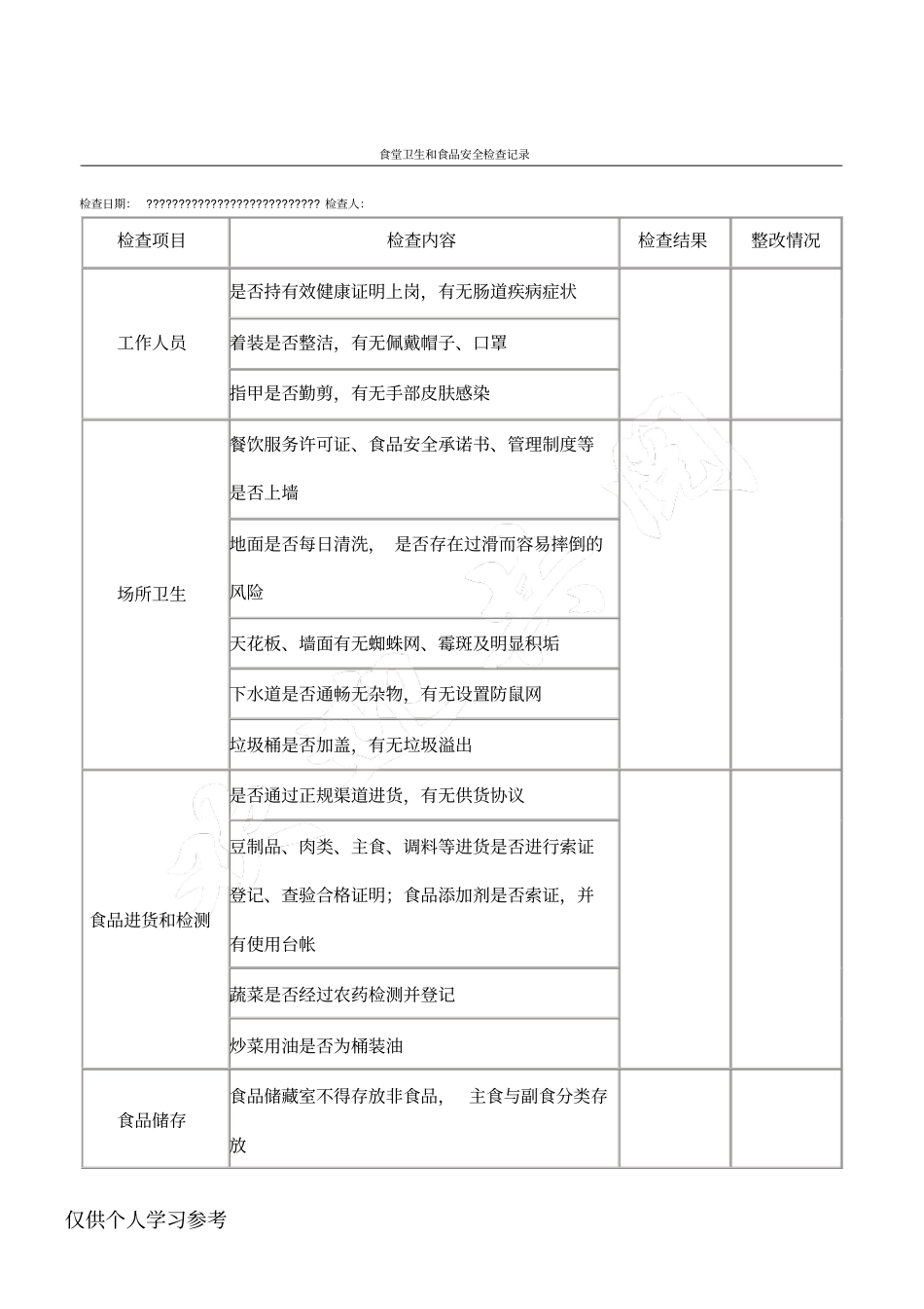 食堂卫生和食品安全检查记录_第1页