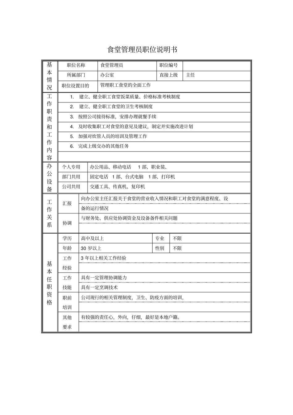 食堂管理员职位说明书_第1页