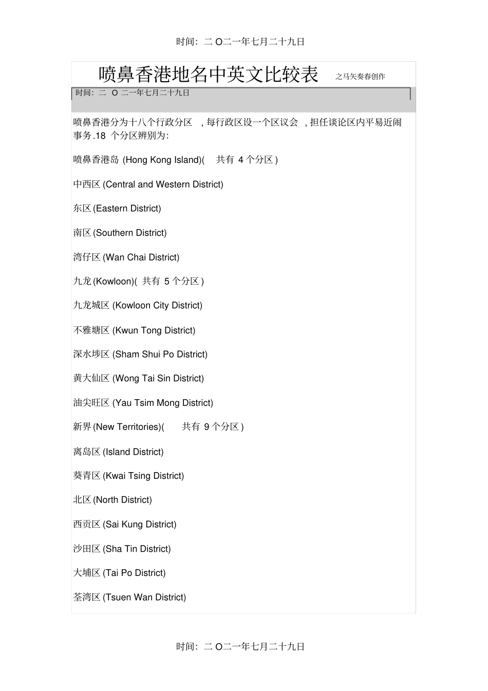 香港地名中英文对照表_第1页