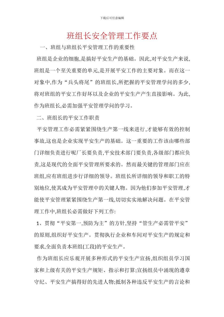 班组长安全管理工作要点_第1页