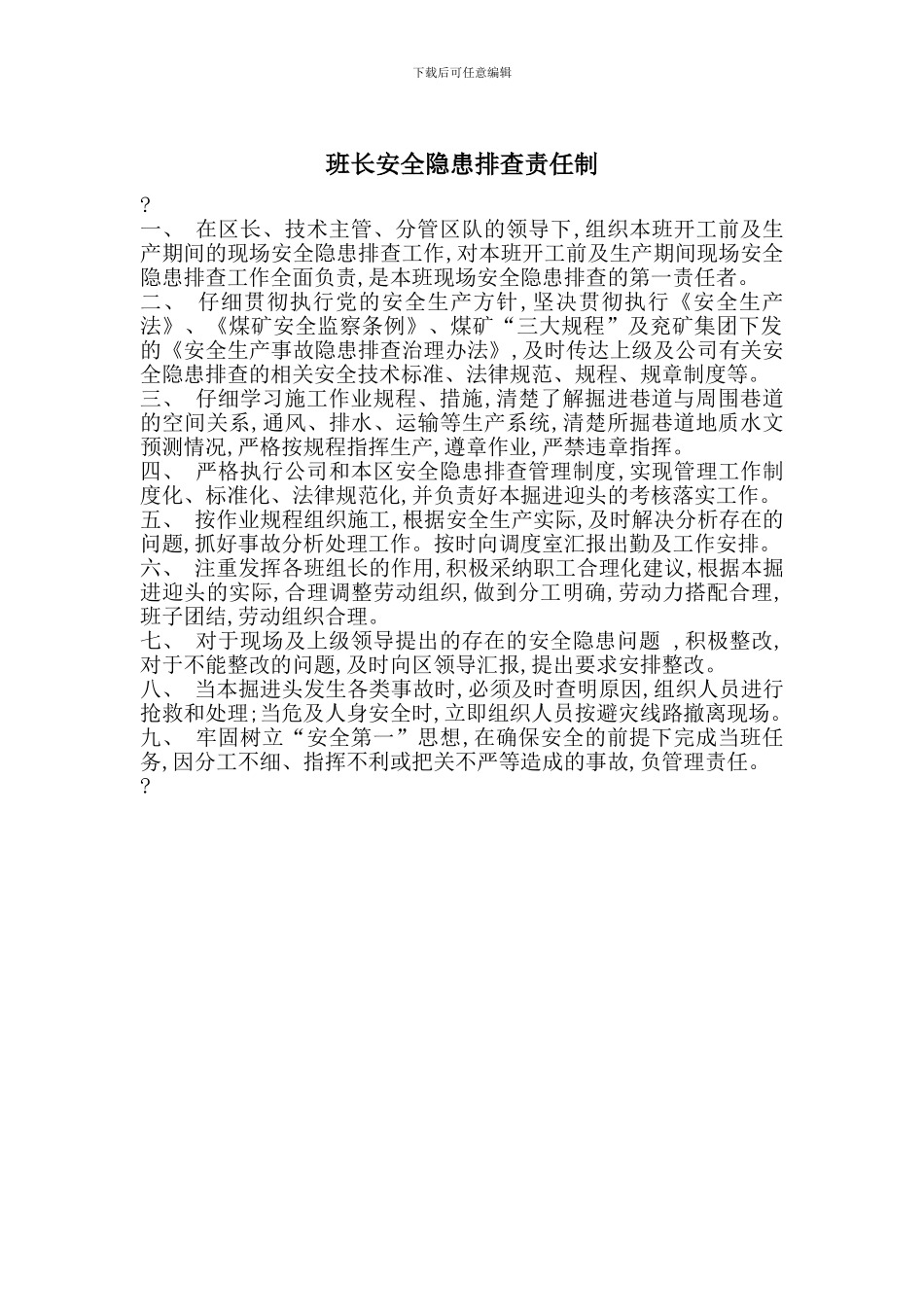 班长安全隐患排查责任制_第1页