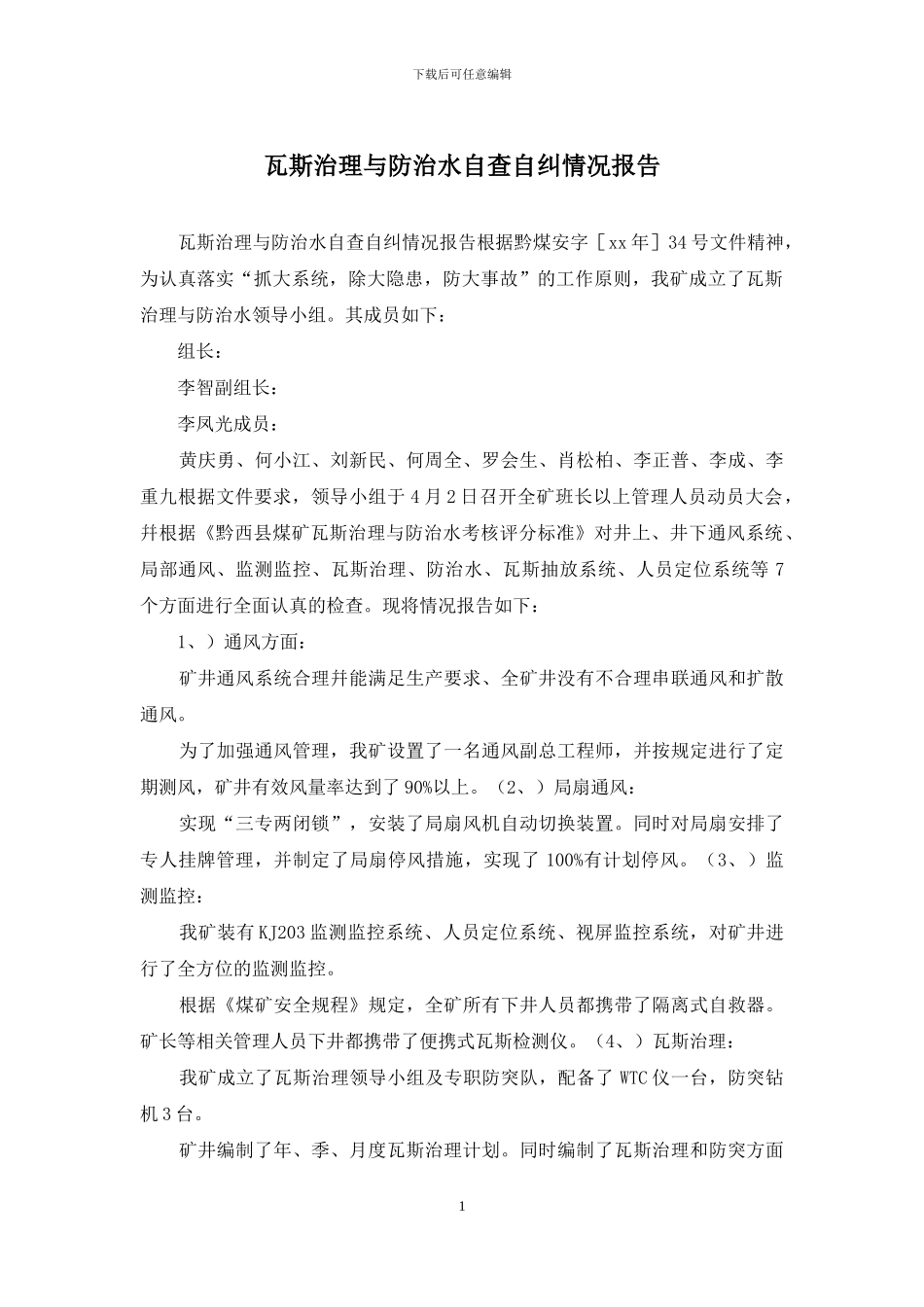 瓦斯治理与防治水自查自纠情况报告_第1页