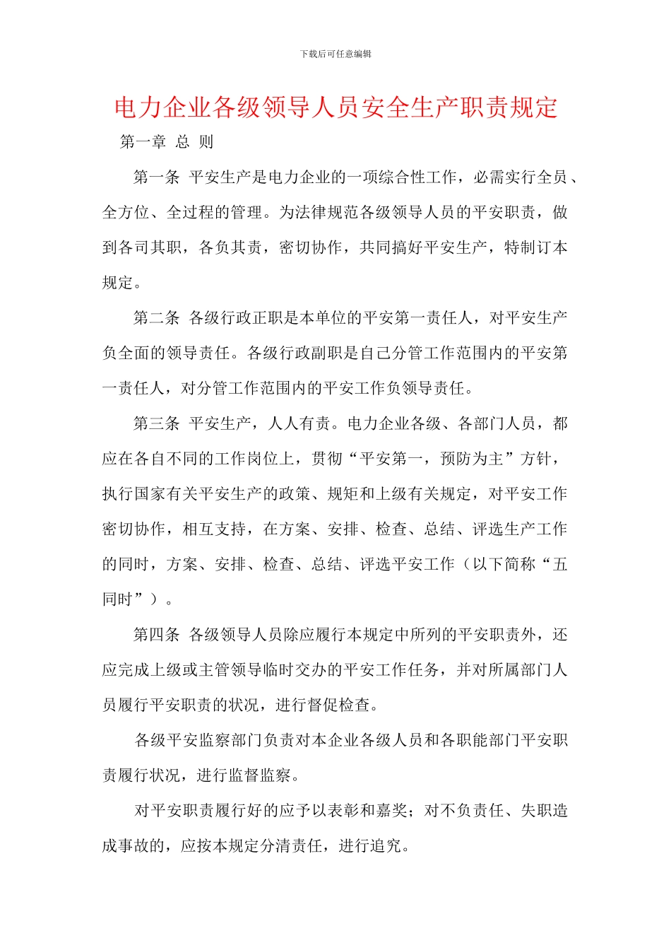 电力企业各级领导人员安全生产职责规定_第1页