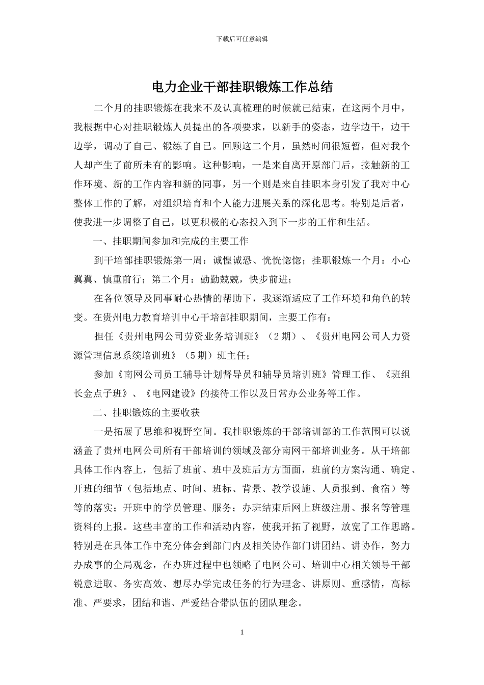 电力企业干部挂职锻炼工作总结_第1页