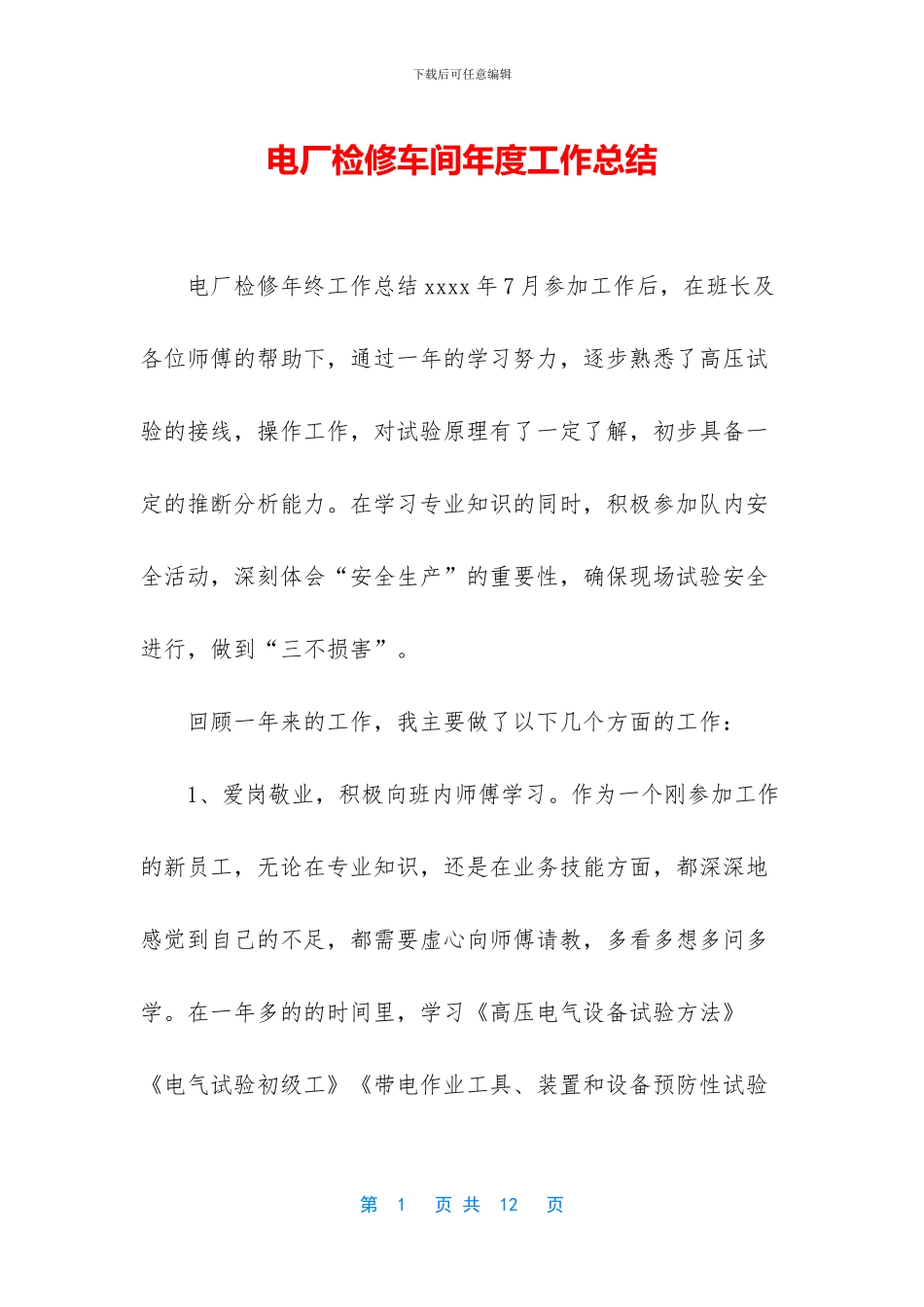 电厂检修车间年度工作总结_第1页