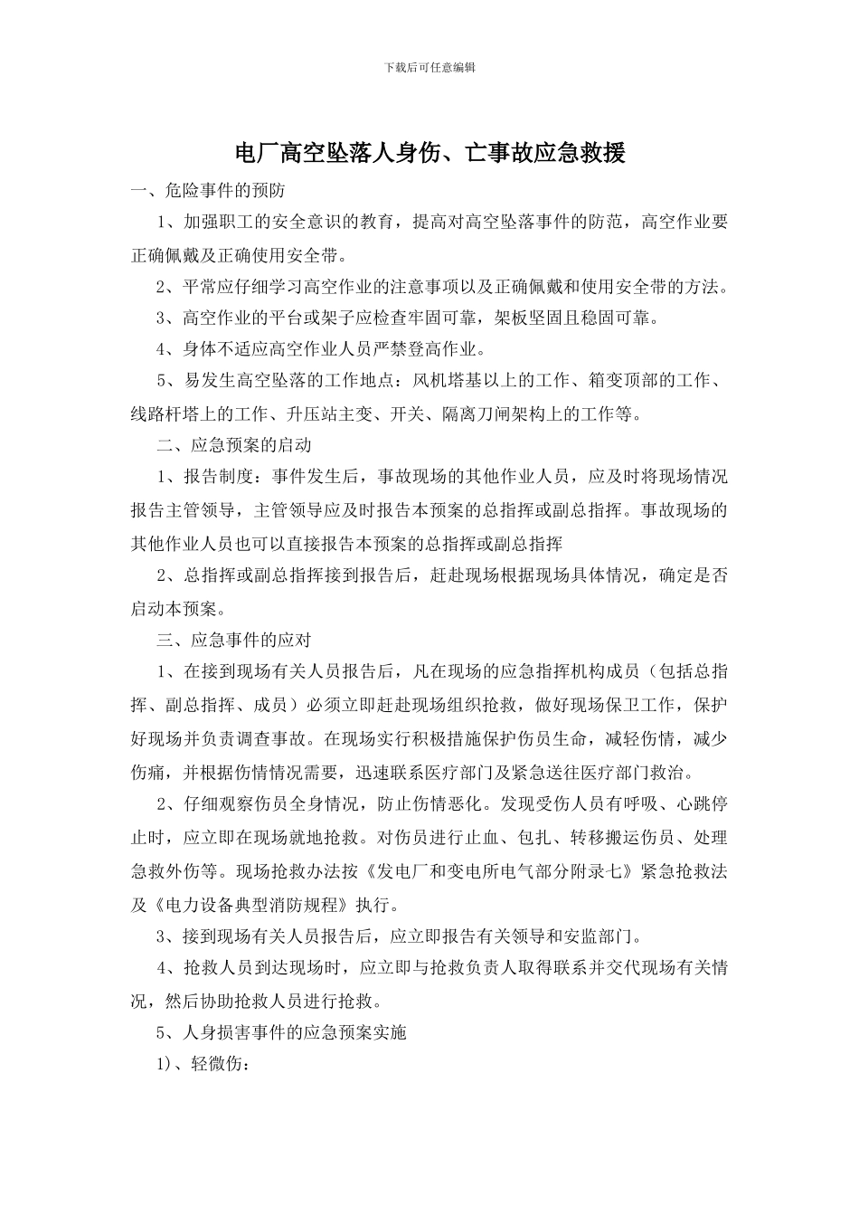 电厂高空坠落人身伤、亡事故应急救援_第1页