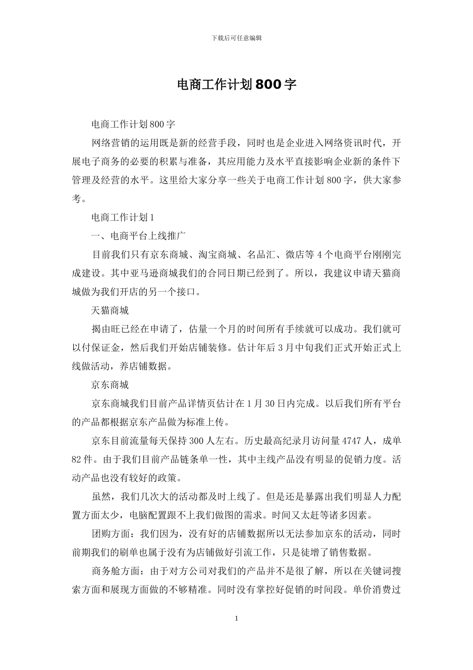 电商工作计划800字_第1页