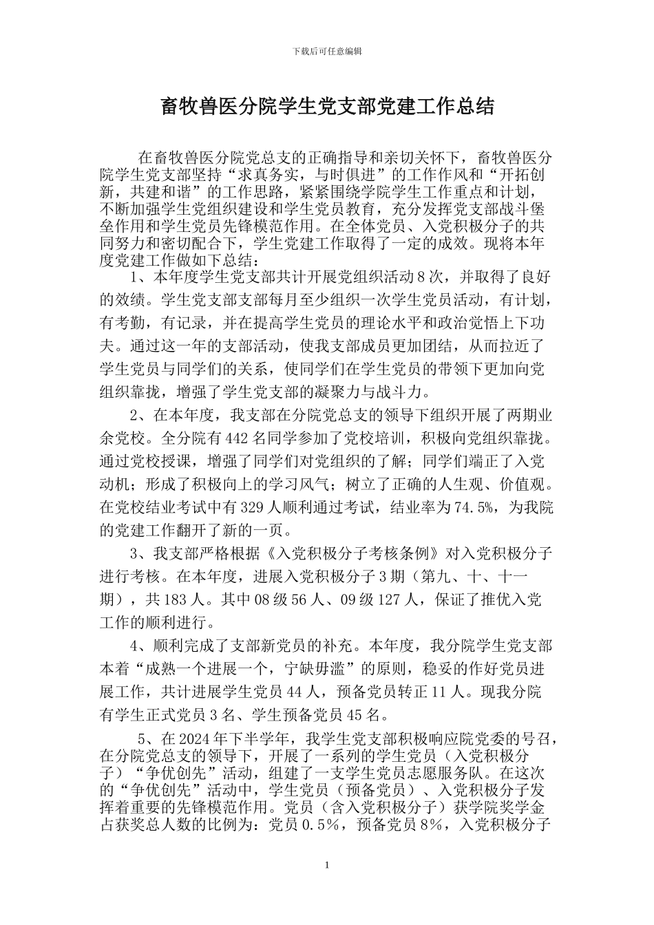 畜牧兽医分院学生党支部党建工作年度总结_第1页