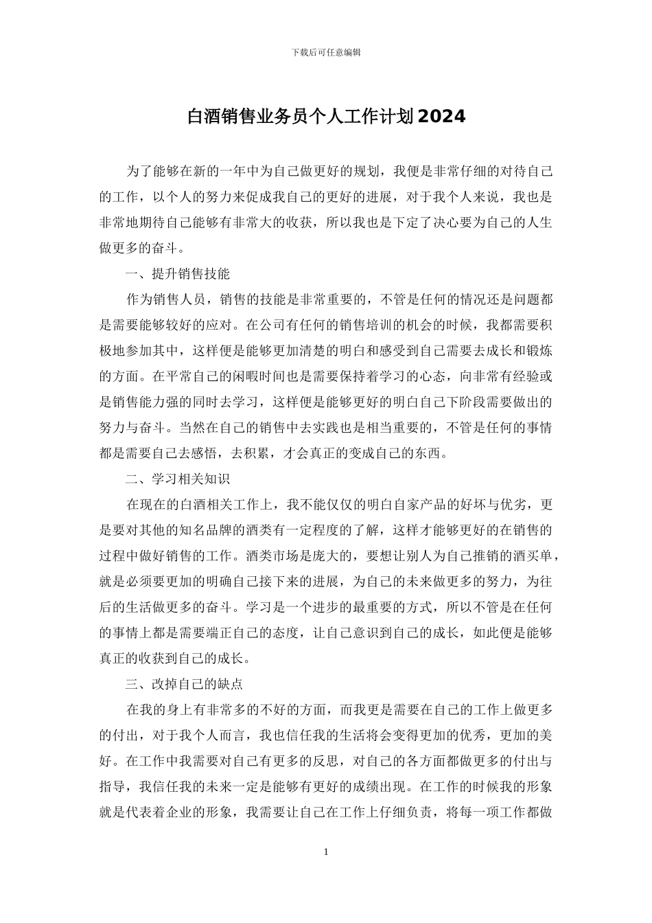 白酒销售业务员个人工作计划2024_第1页
