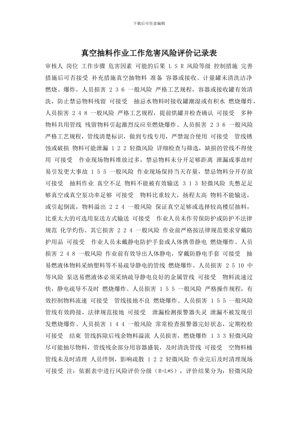 真空抽料作业工作危害风险评价记录表_第1页