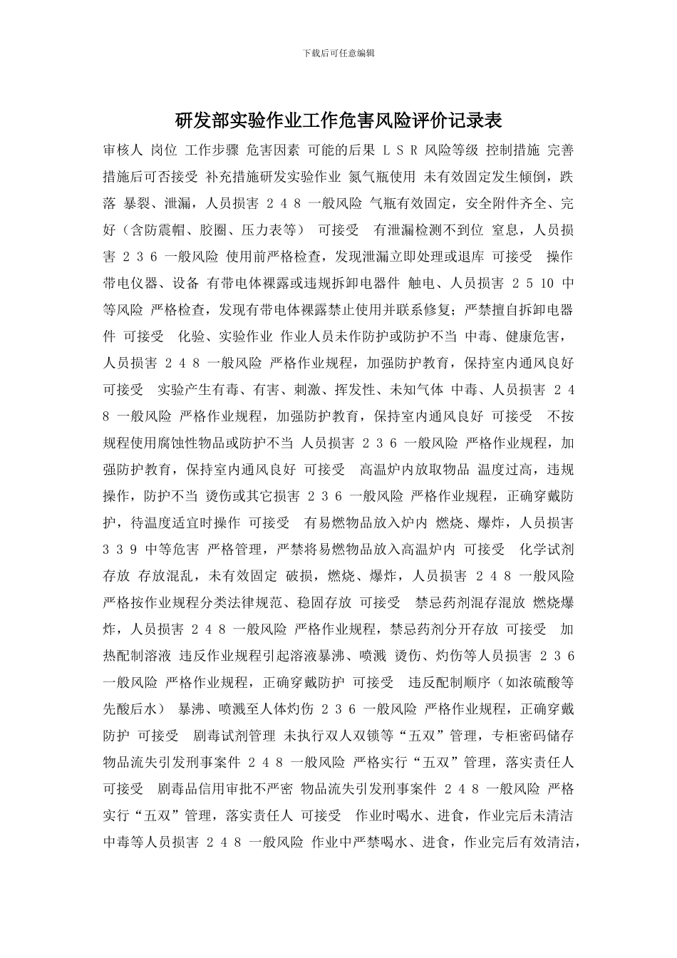 研发部实验作业工作危害风险评价记录表_第1页