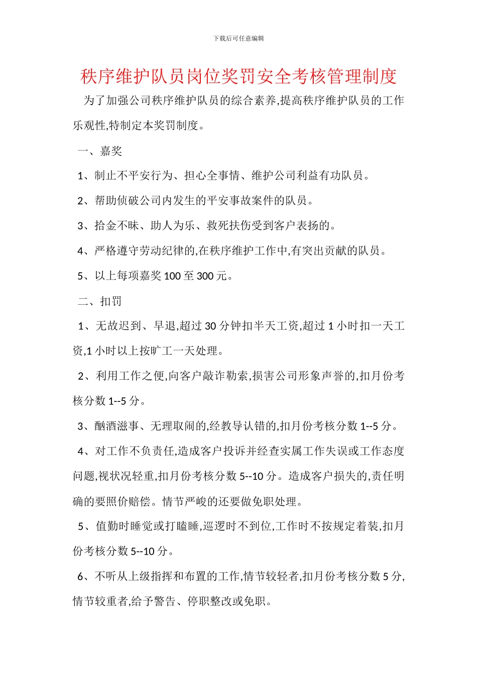 秩序维护队员岗位奖罚安全考核管理制度_第1页