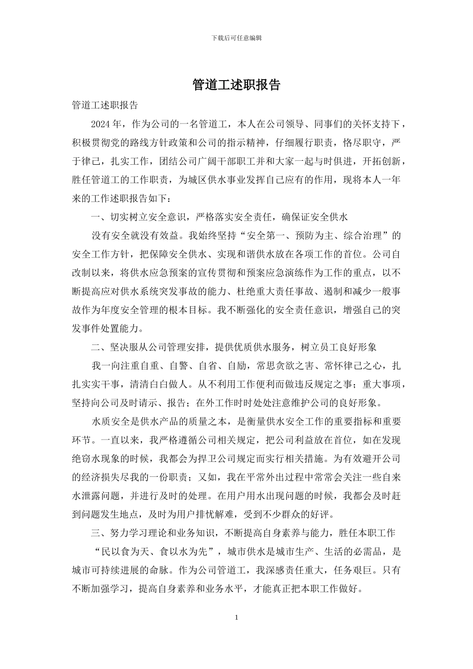 管道工述职报告_第1页