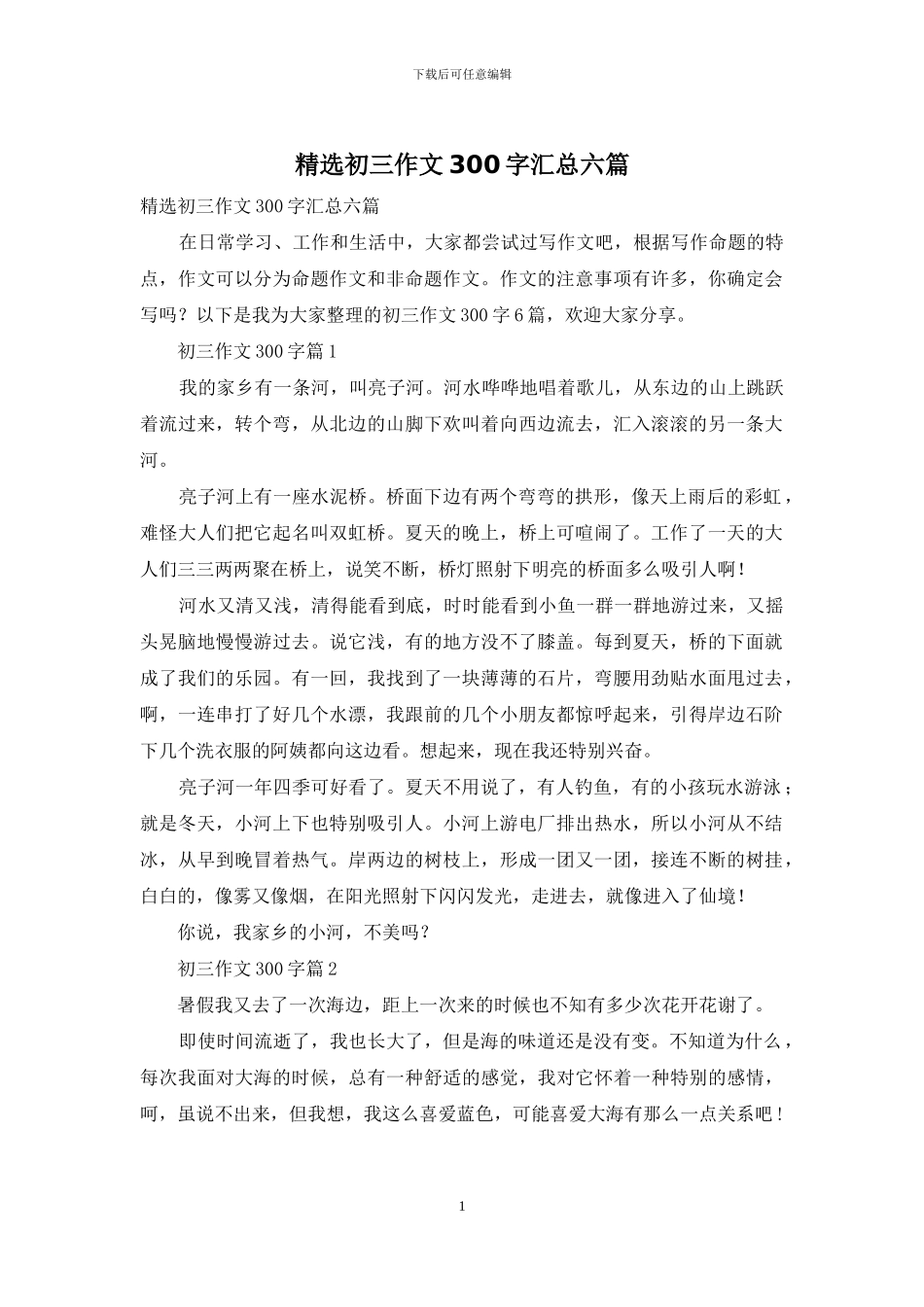 精选初三作文300字汇总六篇_第1页