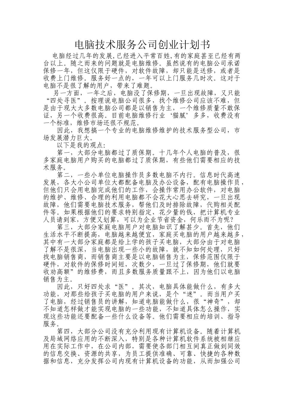 电脑技术服务公司创业计划书_第1页