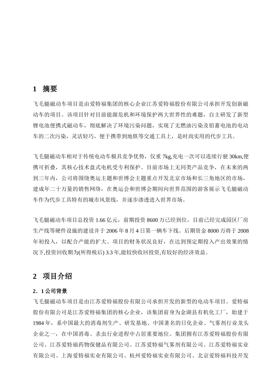 飞毛腿XX动力车项目商业计划书_第1页