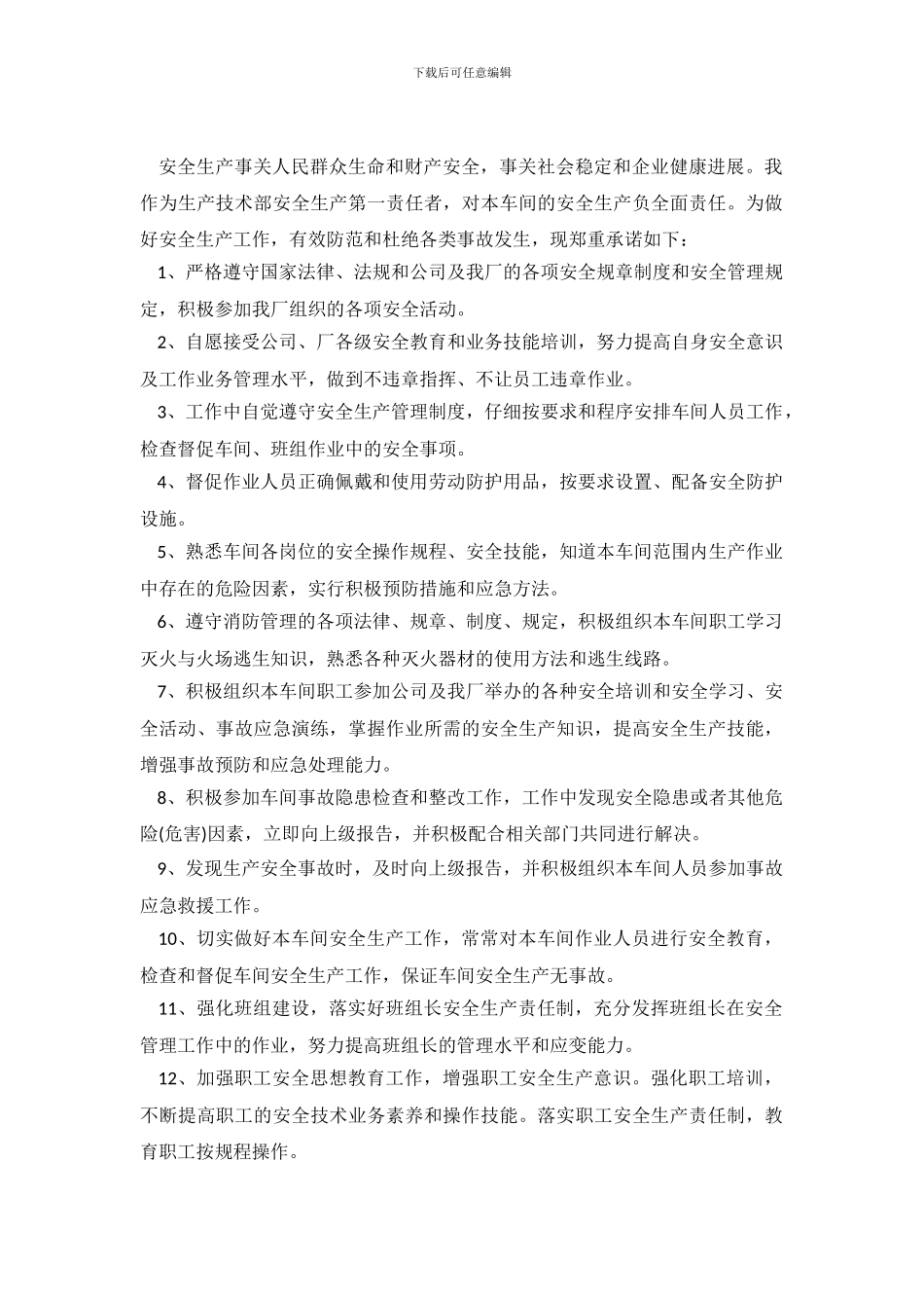 经营管理部部长安全生产承诺书范文_第2页