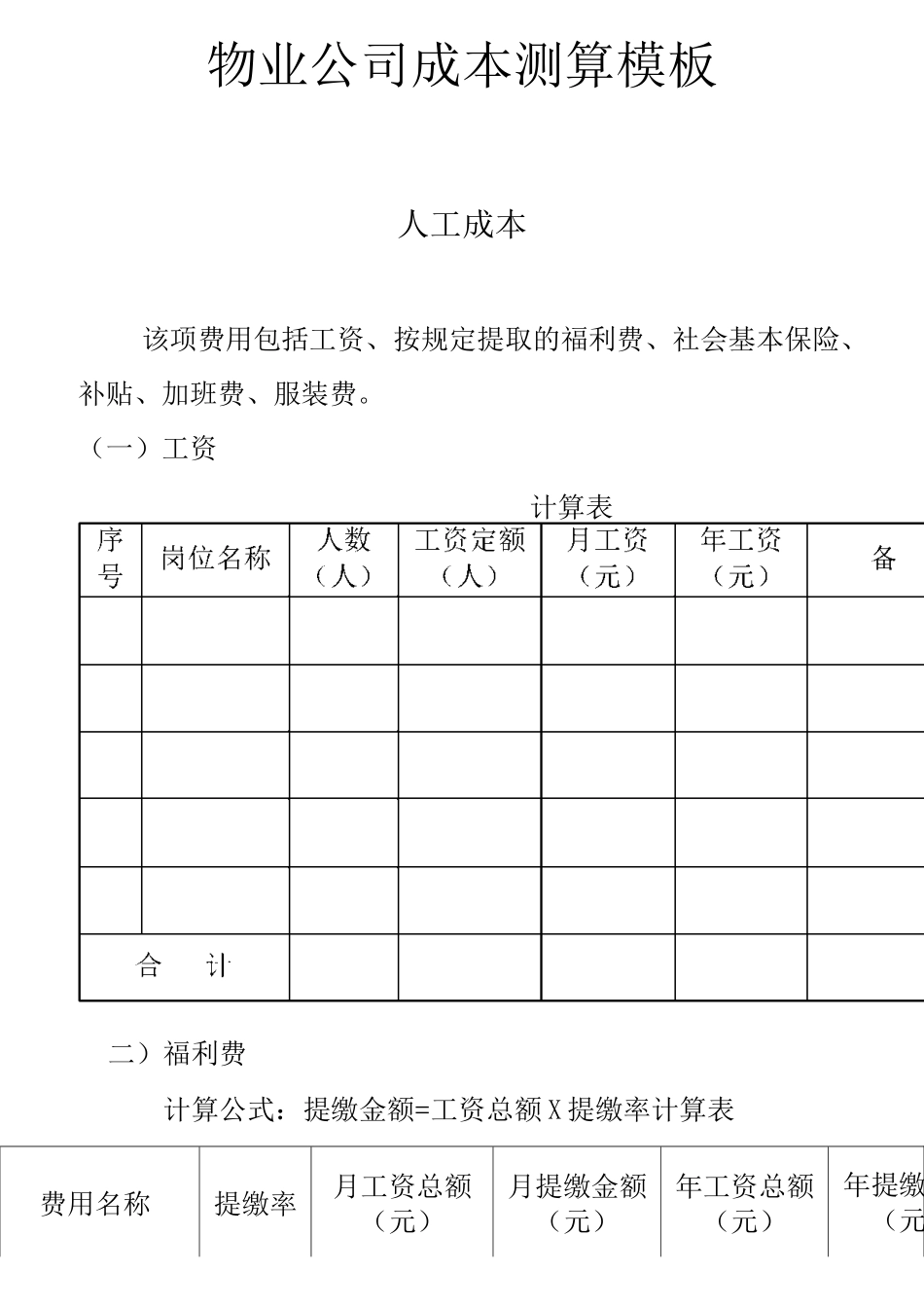 物业公司成本测算模板.._第1页