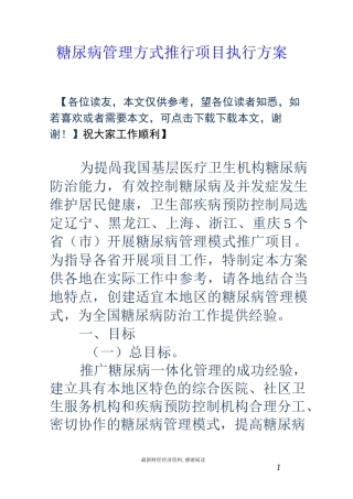 糖尿病管理方式推行项目执行方案