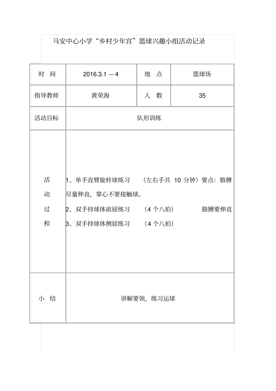 马安中心小学乡村少年宫篮球小组活动记录资料_第1页