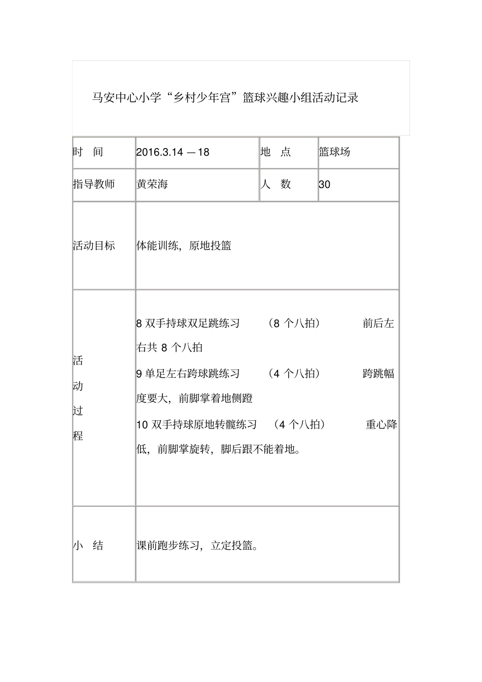 马安中心小学乡村少年宫篮球小组活动记录资料_第3页