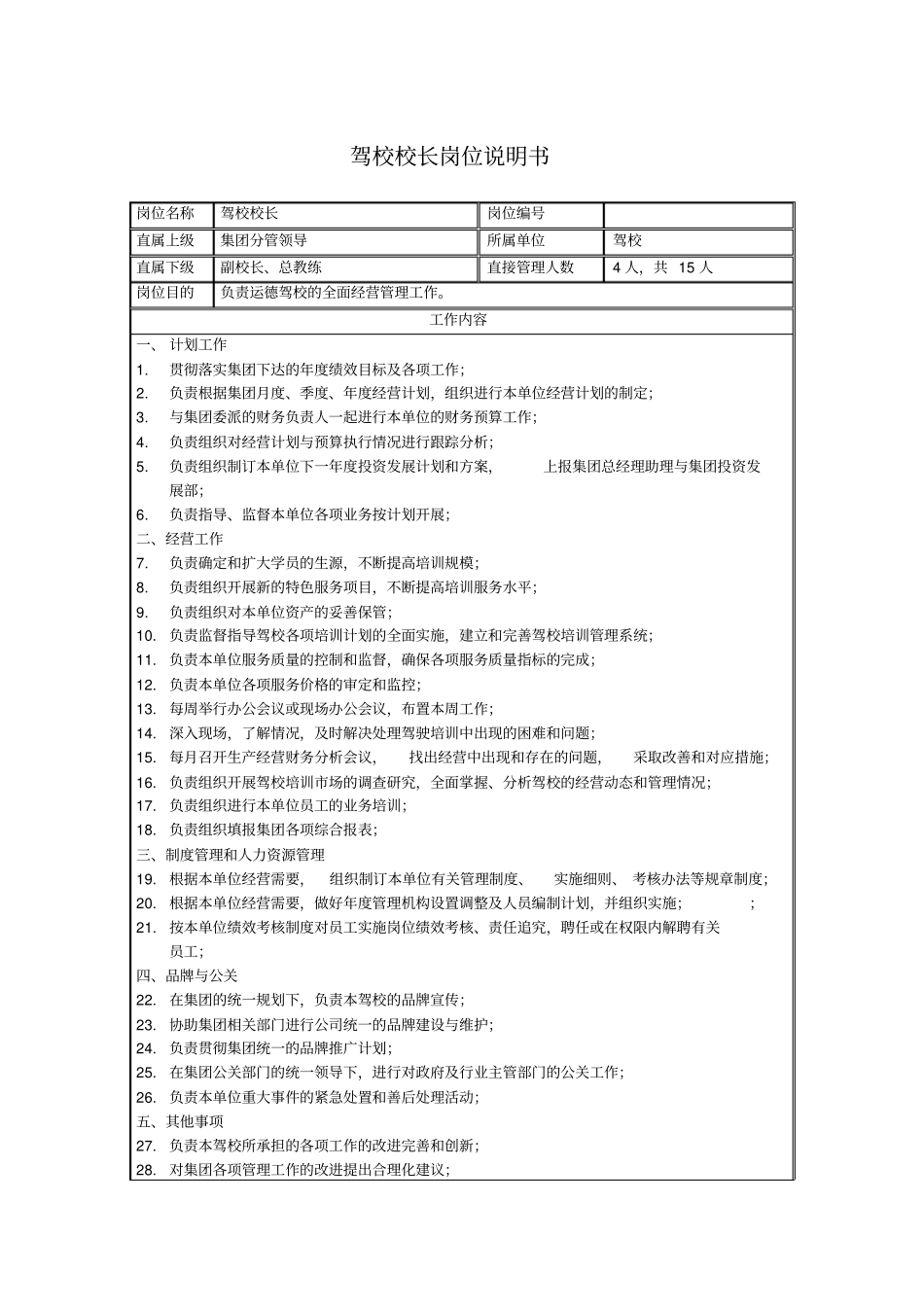 驾校校长岗位说明书_第1页