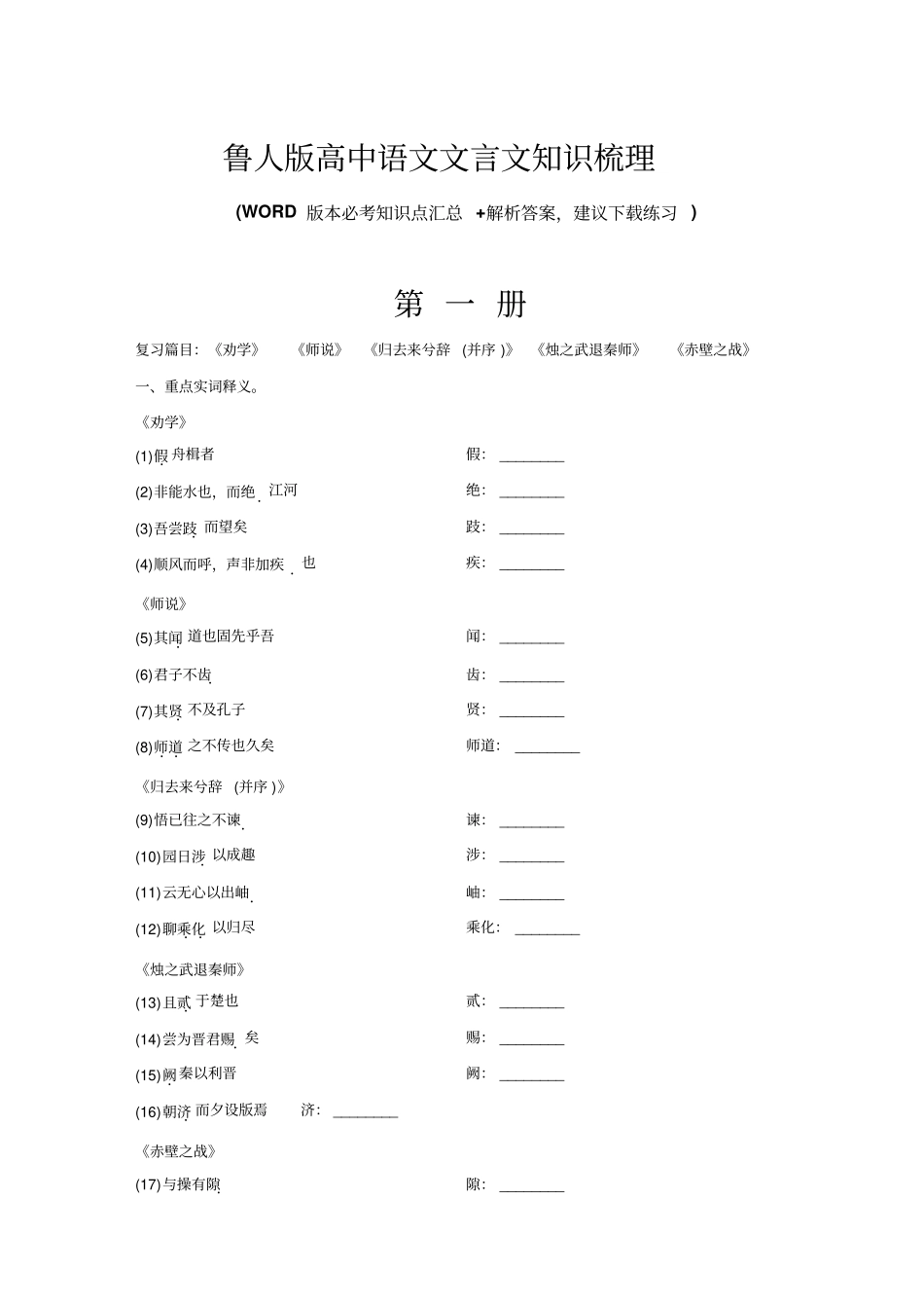 鲁人版高中语文文言文知识梳理打印背诵版_第1页
