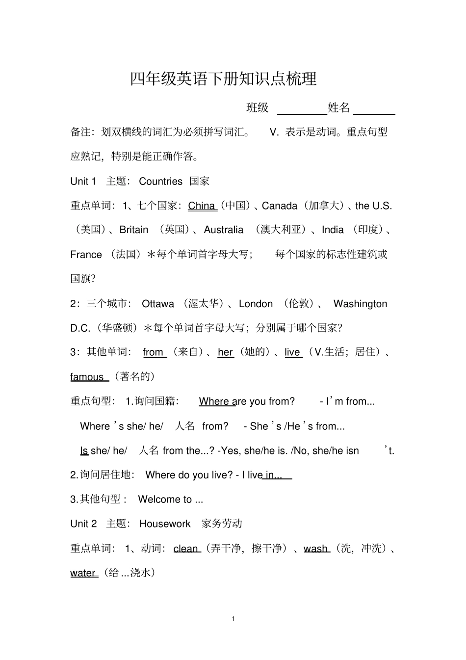 鲁教版四年级下册英语知识点梳理_第1页