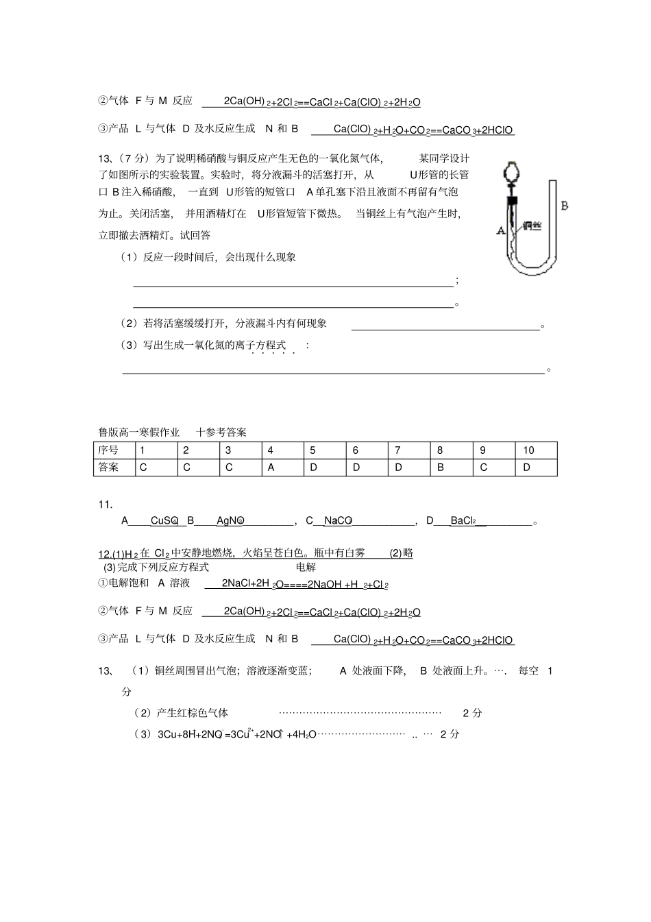 鲁科版高中化学必修一高一化学寒假作业10x_第3页