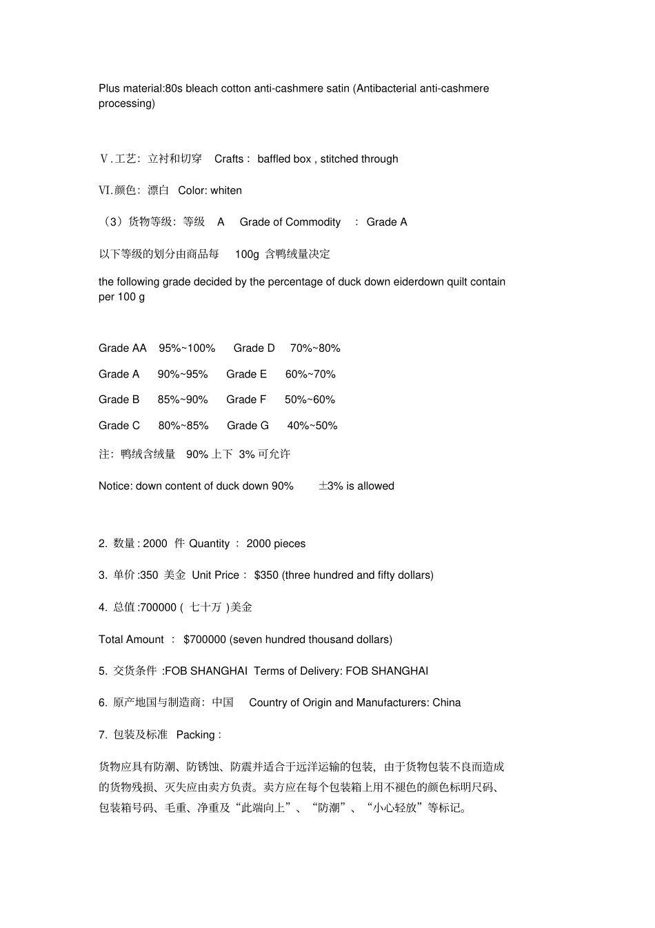 鸭绒被出口买卖合同中英文_第2页