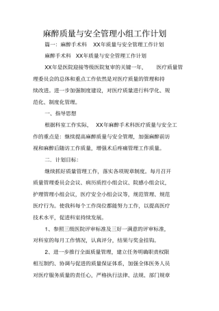 麻醉质量与安全管理小组工作计划