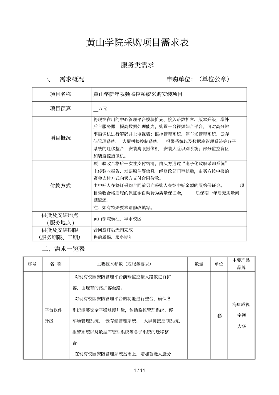 黄山学院采购项目需求表_第1页