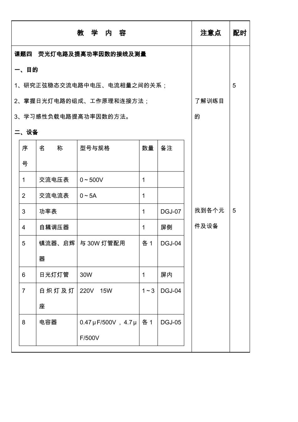 04荧光灯电路及提高功率因数的接线及测量_第1页