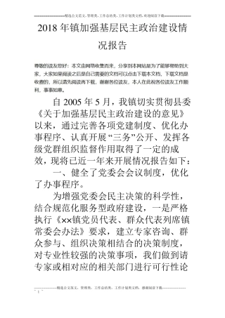18年镇加强基层民主政治建设情况报告