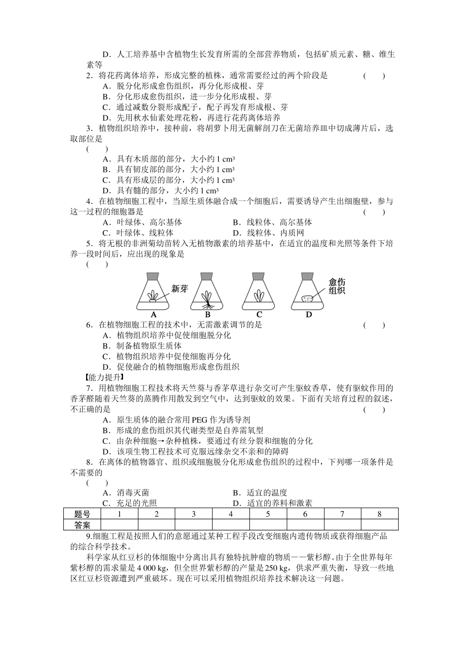 2012016学年高二生物人教版选修3课时作业1植物细胞工程的基本技术_第3页