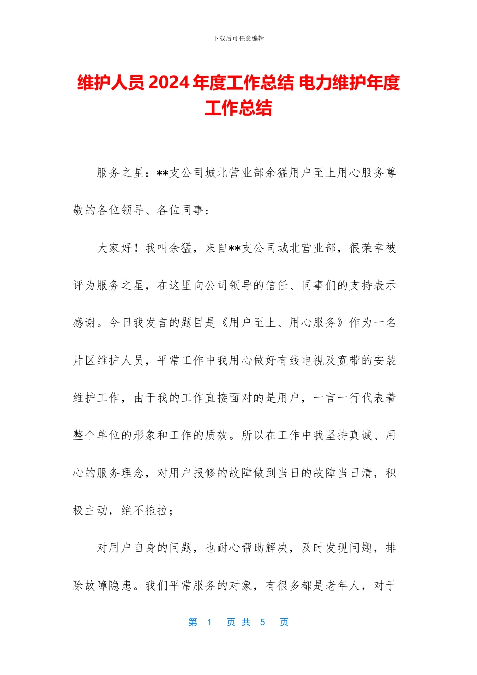 维护人员2024年度工作总结_第1页