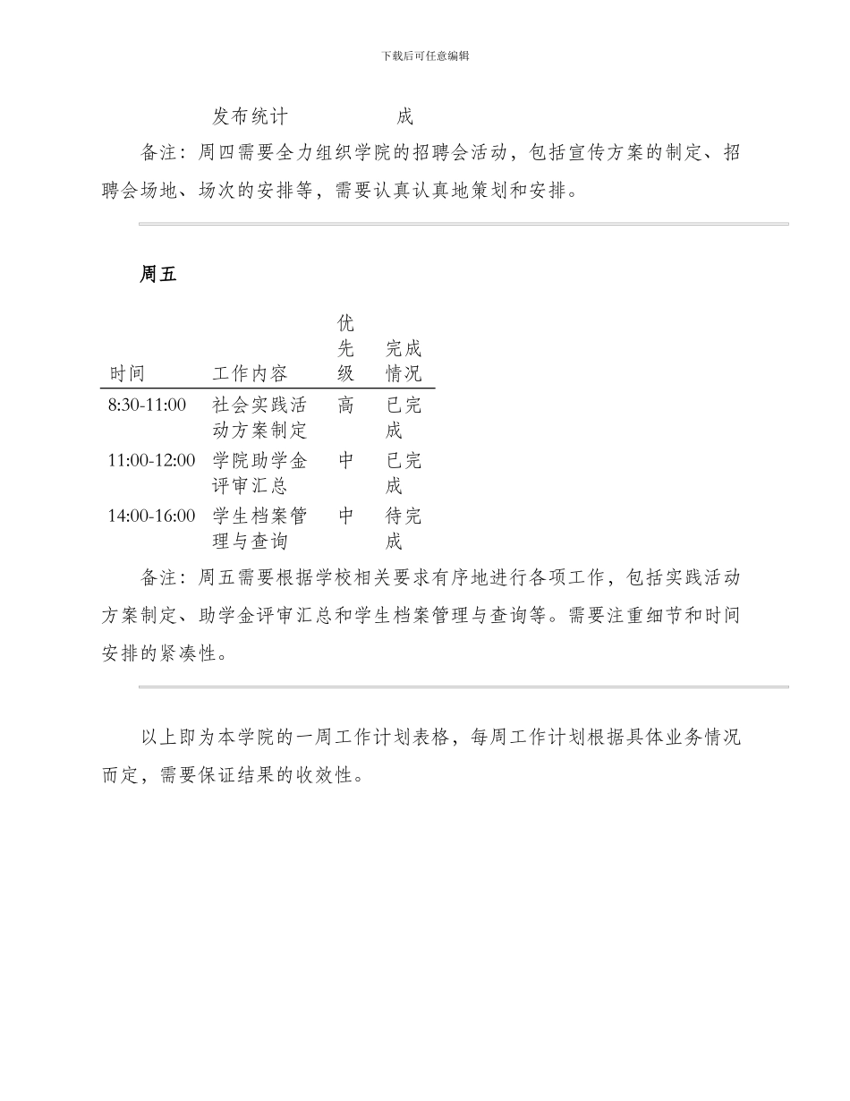 职业学院周工作计划表格_第3页
