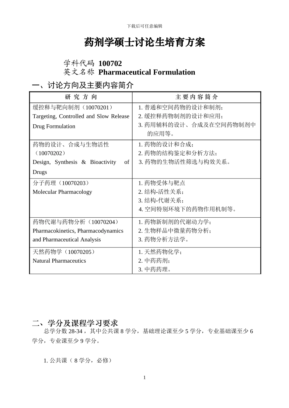药剂学硕士研究生培养方案_第1页