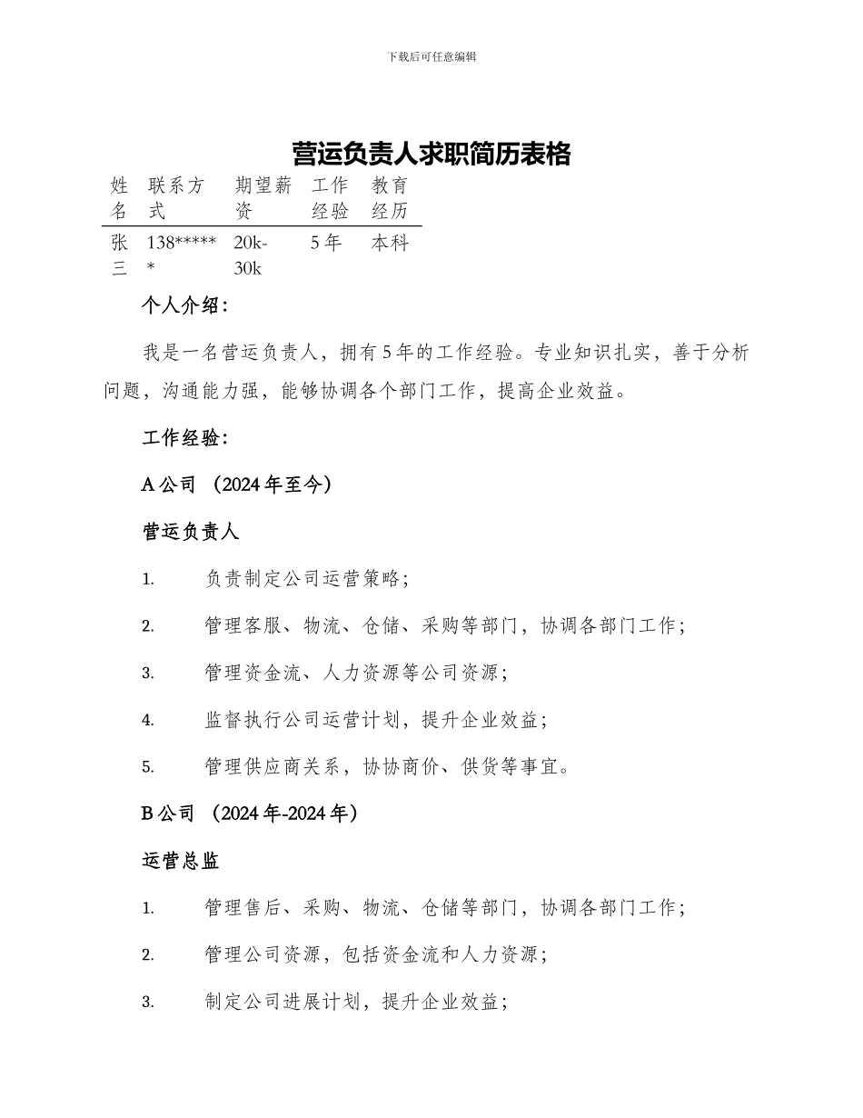 营运负责人求职简历表格_第1页