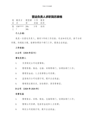 营运负责人求职简历表格