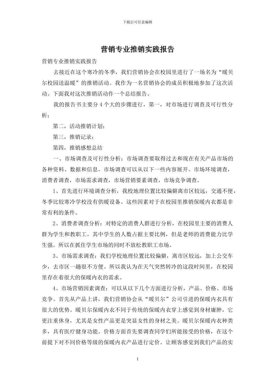 营销专业推销实践报告_第1页